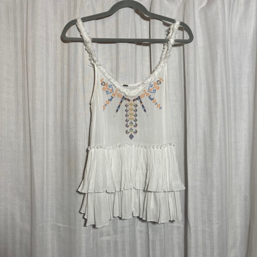 Free People White Embroidery Tiered Ruffle Boho Tank Top S Free-Spirit Festival